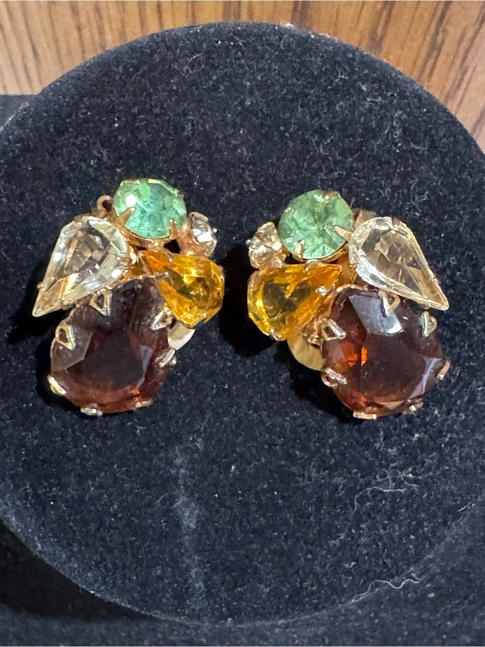 Vintage Rootbeer Teardrop and Crystal Cluster Earrings